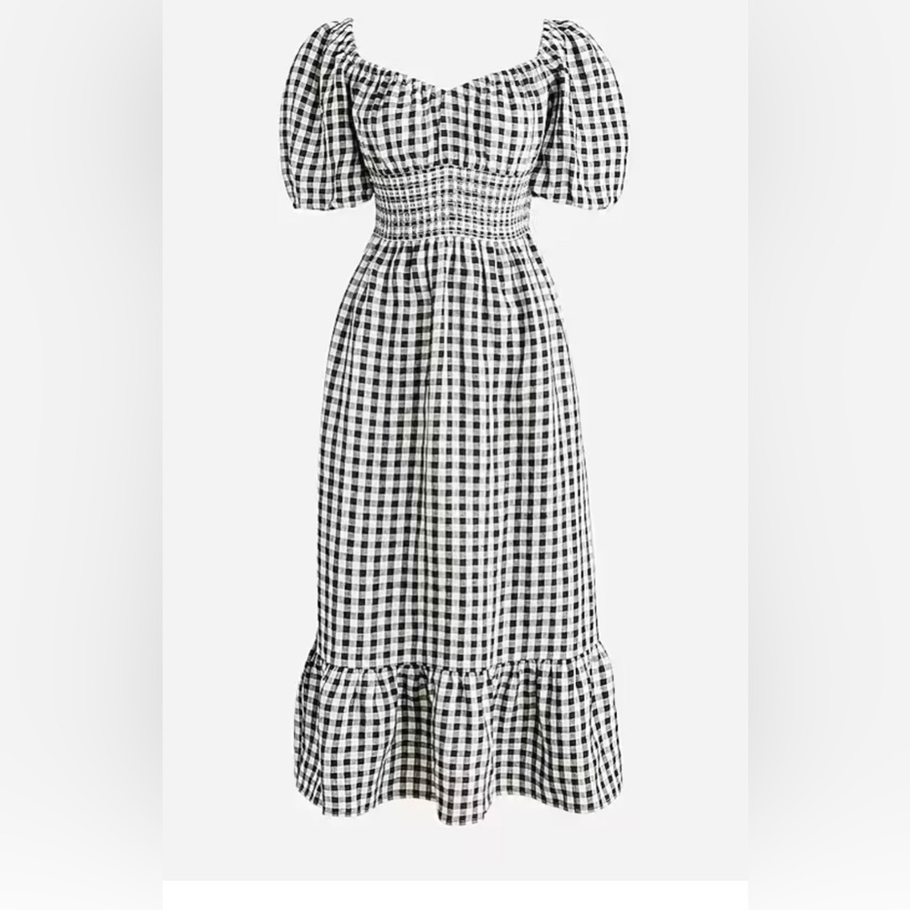 J Crew Black and White Gingham Puff Sleeve midi dress